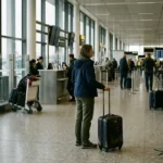 Cestovatel s kufred stojí v odletové hale letiště mezi dalšími pasažéry a deskou s časy letů