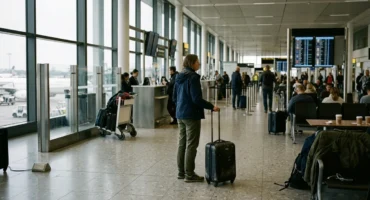 Cestovatel s kufred stojí v odletové hale letiště mezi dalšími pasažéry a deskou s časy letů