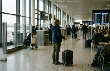 akcni-letenky-dublin-toronto-2320kc-uvodni-20260822-ai1 Cestovatel s kufred stojí v odletové hale letiště mezi dalšími pasažéry a deskou s časy letů