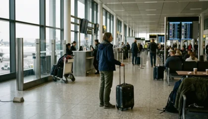 Cestovatel s kufred stojí v odletové hale letiště mezi dalšími pasažéry a deskou s časy letů