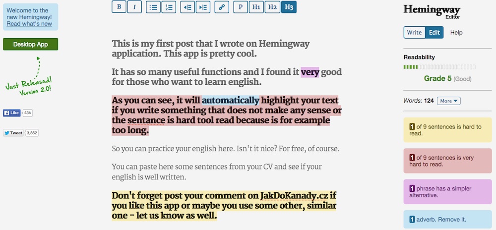 Hemingway english editor aplikace angličtina
